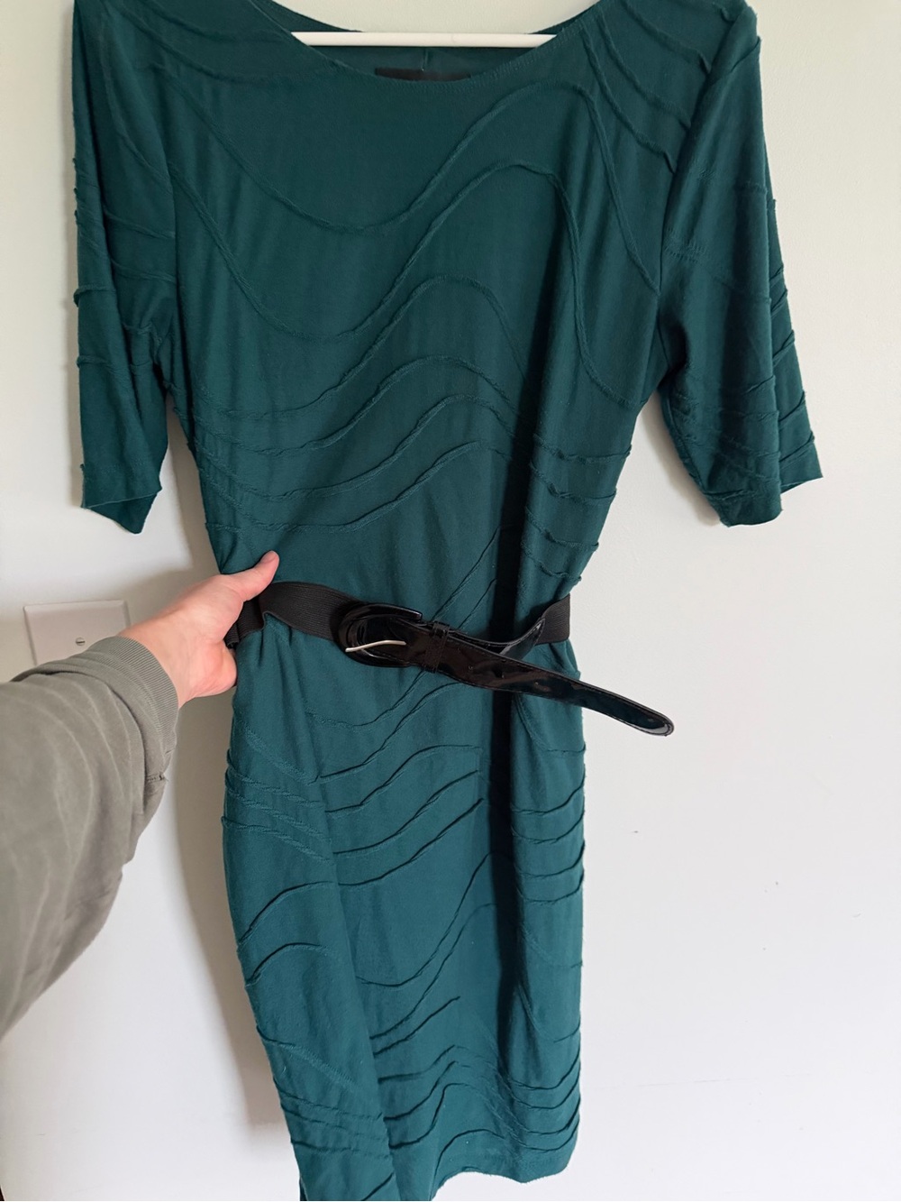 Connected Apparel Women's Teal Textured Sheath Dress with Belt